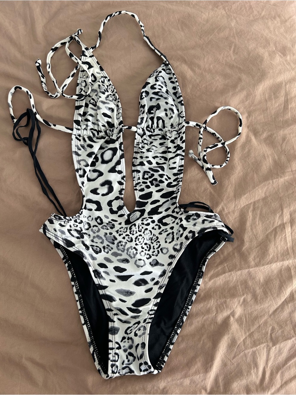 Marciano Black White Leopard Print One Piece Swimsuit Halter Cutout Plunge XS